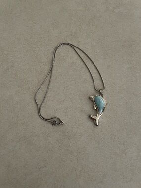 Silver Dolphin Pendant Necklace with Turquoise Inlay